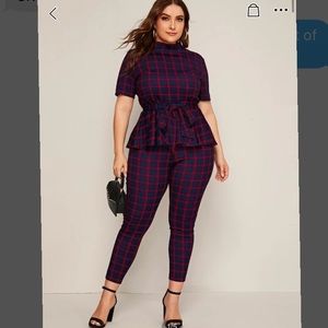 SHEIN Belted Plaid Peplum Top & Leggings